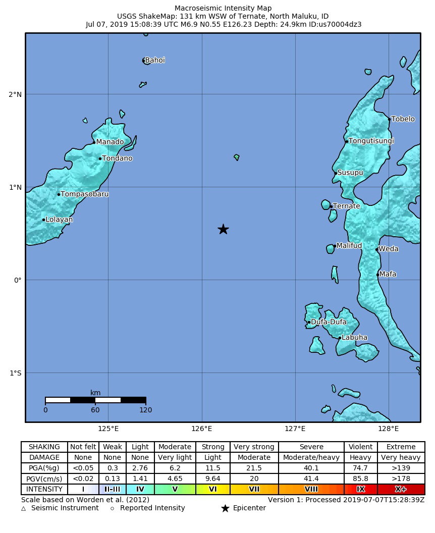 Foto distribuida por el Servicio Geológico de los Estados Unidos muestra un mapa del terremoto que azotó a Indonesia este domingo 7 de julio. (Foto Prensa Libre: EFE).