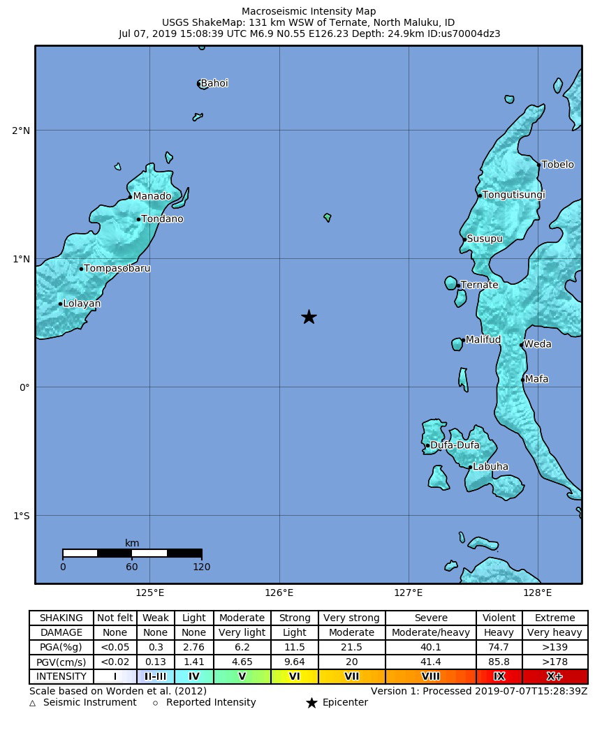 Foto distribuida por el Servicio Geológico de los Estados Unidos muestra un mapa del terremoto que azotó a Indonesia este domingo 7 de julio. (Foto Prensa Libre: EFE).