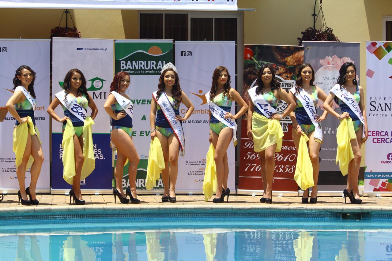 Las siete candidatas acompañada de la actual reina del deporte hicieron una pasarela especial en un hotel de Sante Cruz Muluá, Retalhuleu. (Foto Prensa Libre: Raúl Juárez)