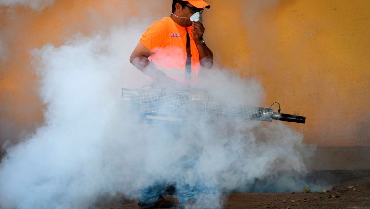 An employee of the Honduran Secretariat of Health and of the Permanent Contingency Committee (COPECO) fumigates during an operation to combat Aedes aegypti, vector of the dengue fever, in Tegucigalpa on July 22, 2019. - Honduras is under national alert since July 2 for dengue fever, which left at least 54 dead this year according to authorities. (Photo by ORLANDO SIERRA / AFP)