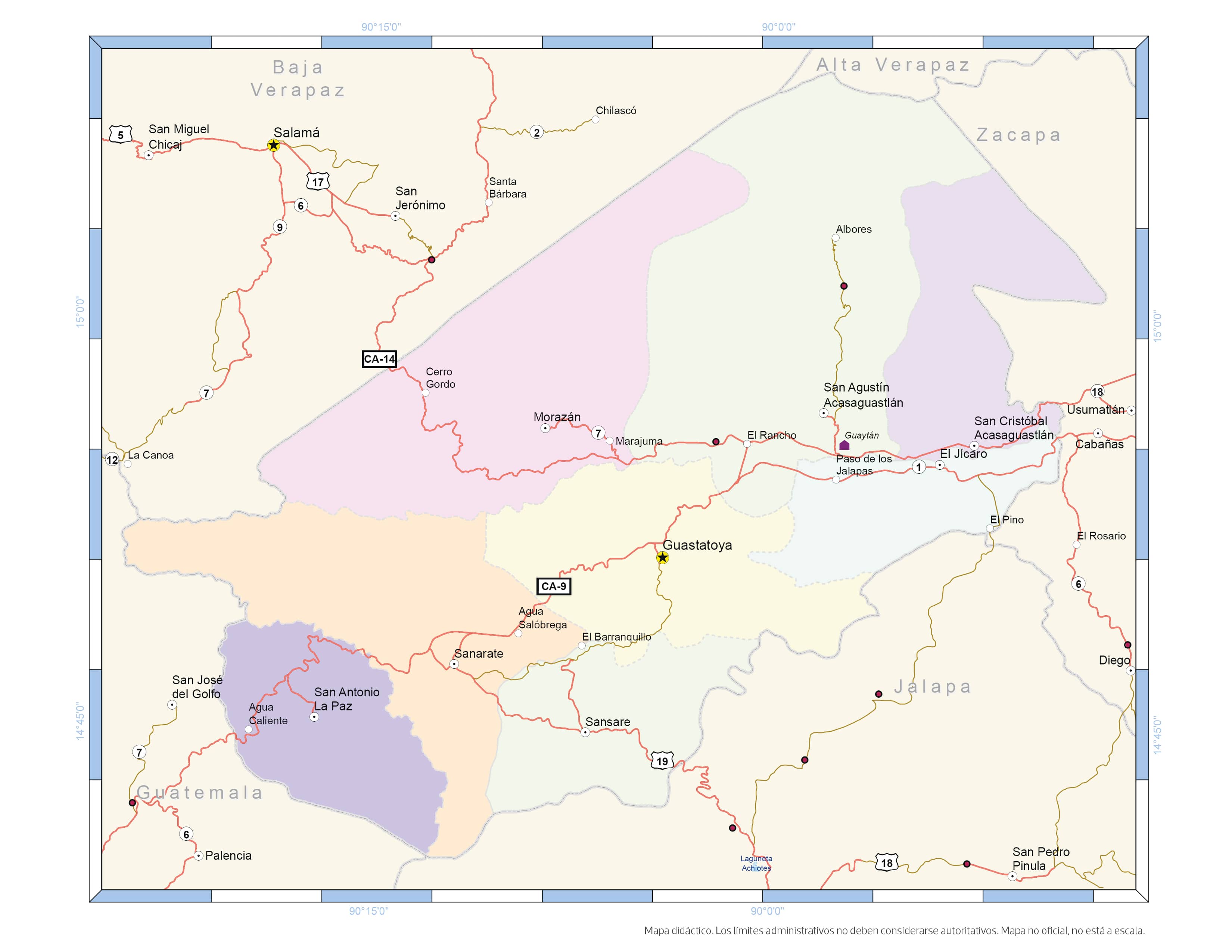 Mapa de Guatemala y sus departamentos por regiones