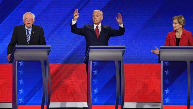 En esta ronda de debates, participaron tres de los precandidatos html5-dom-document-internal-entity1-quot-endestrellahtml5-dom-document-internal-entity1-quot-end: Bernie Sanders (izquierda), el exvicepresidente Joe Biden (centro) y Elizabeth Warren.