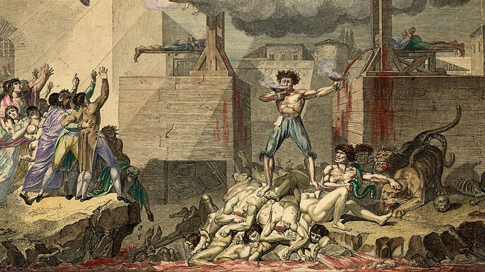 Reinado del Terror: Uno de los políticos de la Revolución, de pie sobre una pila de cuerpos decapitados entre dos guillotinas, bebiendo sangre de un cáliz mientras llena otro con la sangre de la víctima recién decapitada. (Foto Prensa Libre: Getty Images)