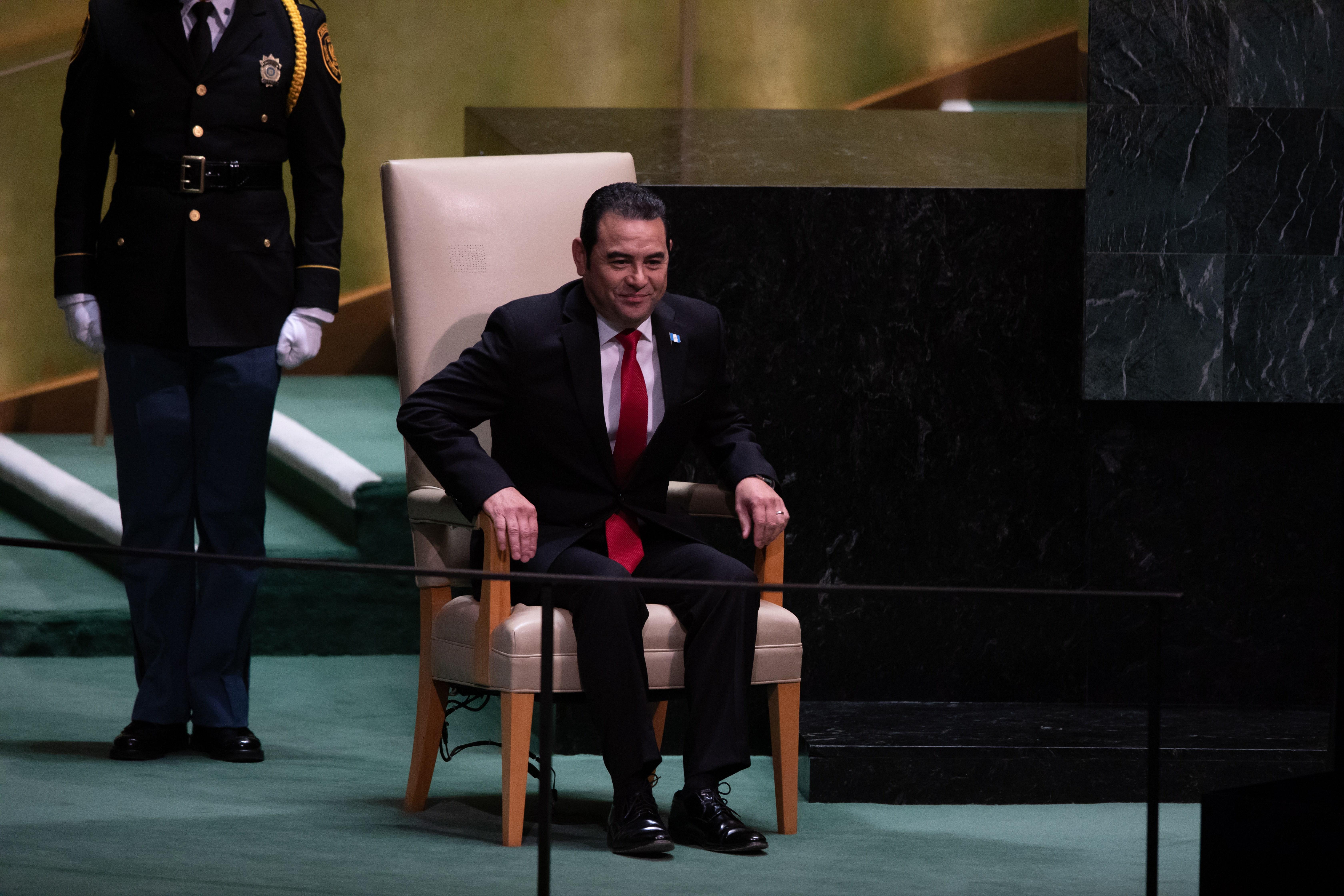 Jimmy Morales, antes de su intervención en la 74 Asamblea de la ONU. (Foto Prensa Libre: AFP)