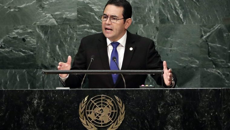 El presidente Jimmy Morales, durante su intervención en la Asamblea General de ONU en 2016. (Foto Prensa Libre: Hemeroteca PL)