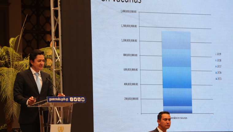 El proyecto del presupuesto 2020, incrementa en 21% la deuda bonificable. El ministro de Finanzas, Víctor Manuel Martínez, realizó ayer una presentación en el patio de la Paz donde participó el Gabinete General. (Foto Prensa Libre: Esbin García)  