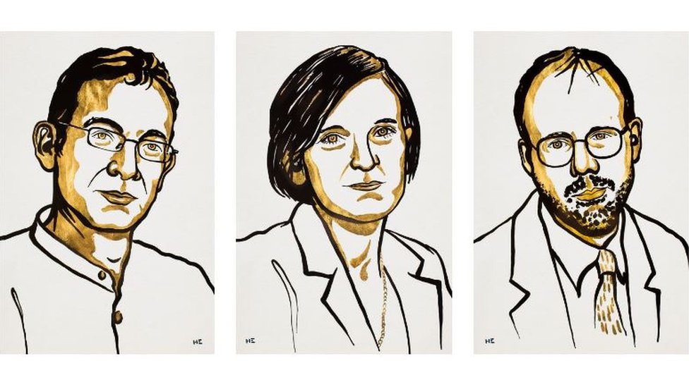 Abhijit Banerjee, Esther Duflo y Michael Kremer son los ganadores del premio Nobel de Economía 2019. (Foto Prensa Libre: Nobel Prize)