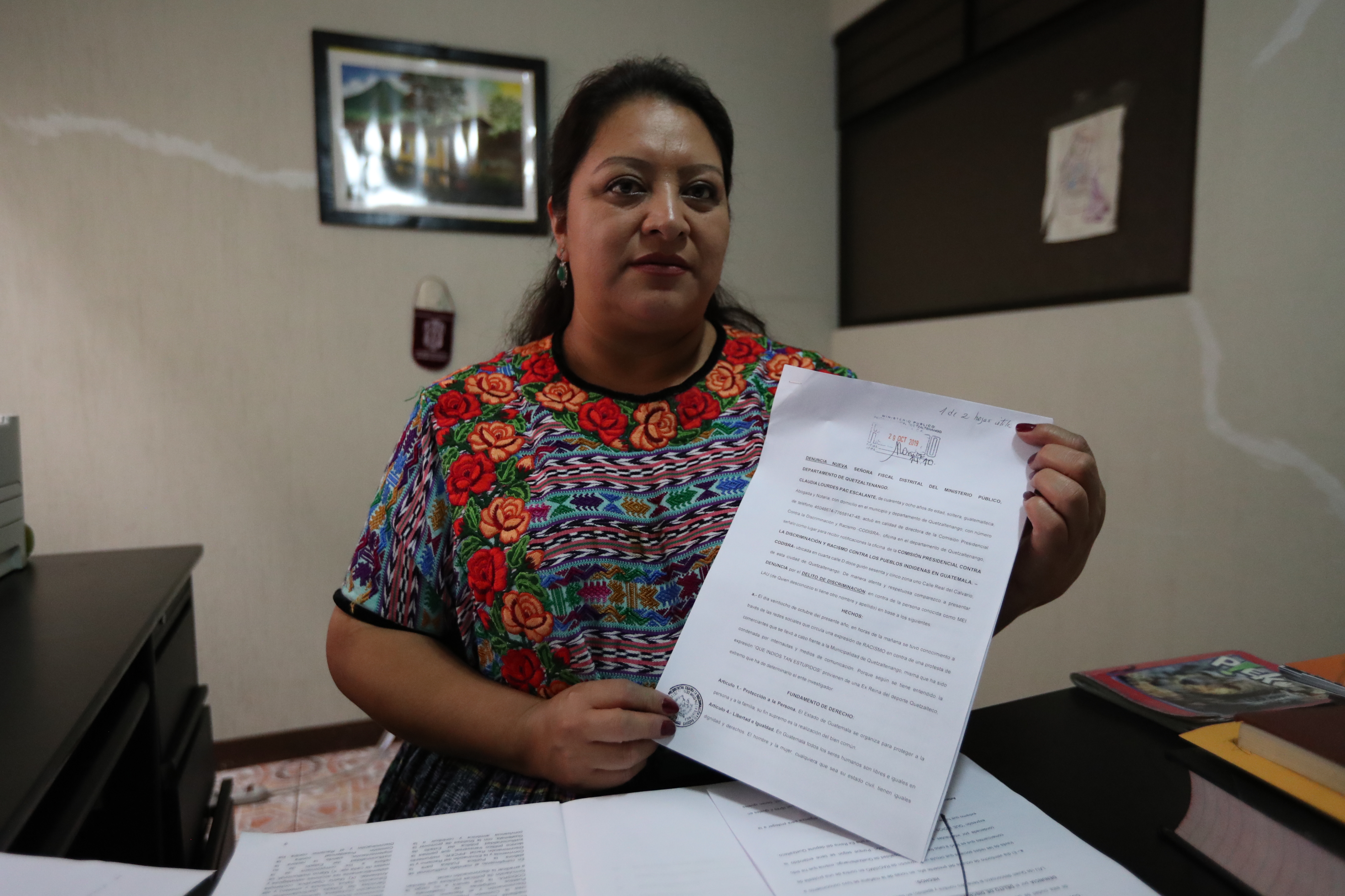 Claudia Pac, directora de Codisra en Quetzaltenango, indicó que colocó la denuncia por el delito de discriminación el martes 29 de octubre de 2019. 
