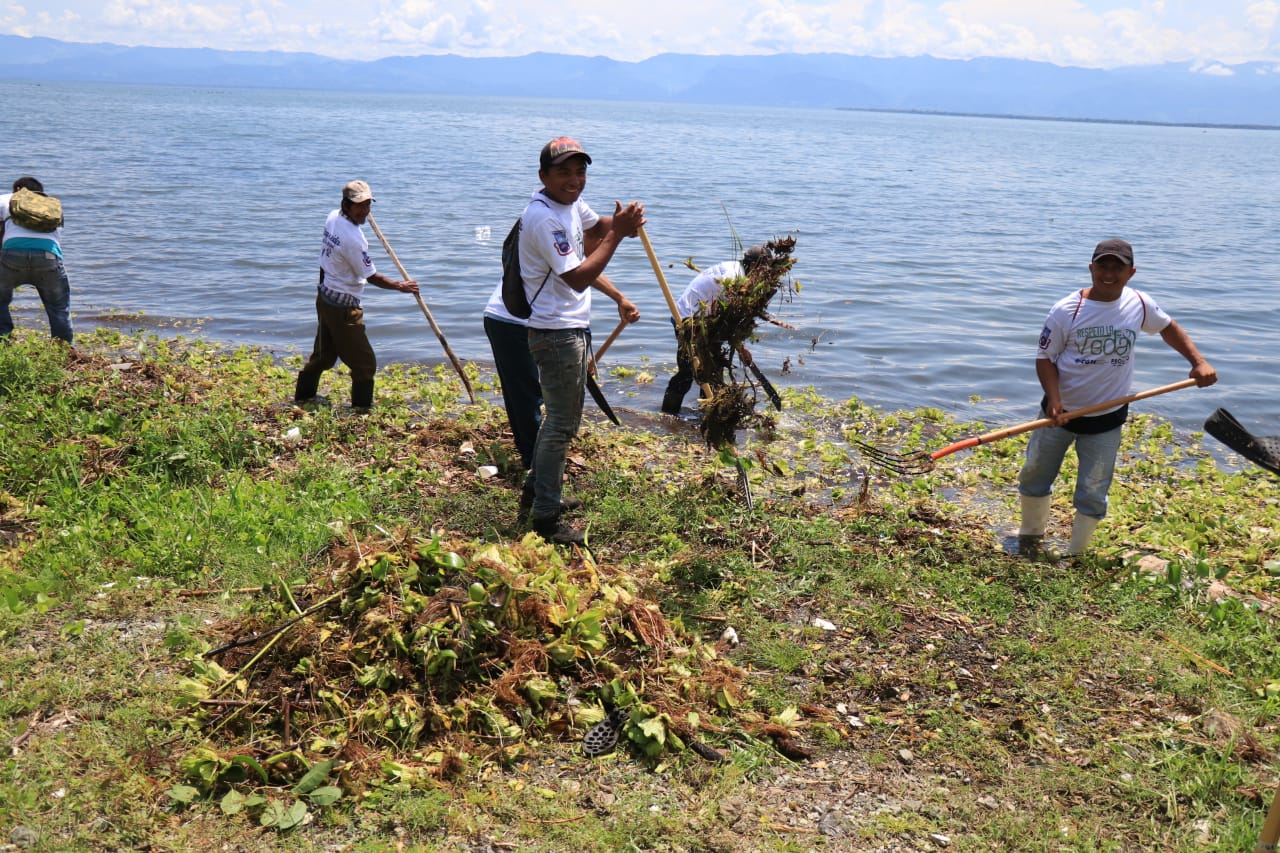 Un grupo de pescadores artesanales limpia las orillas del Lago de Izabal. (Foto Prensa Libre: Dony Stewart)