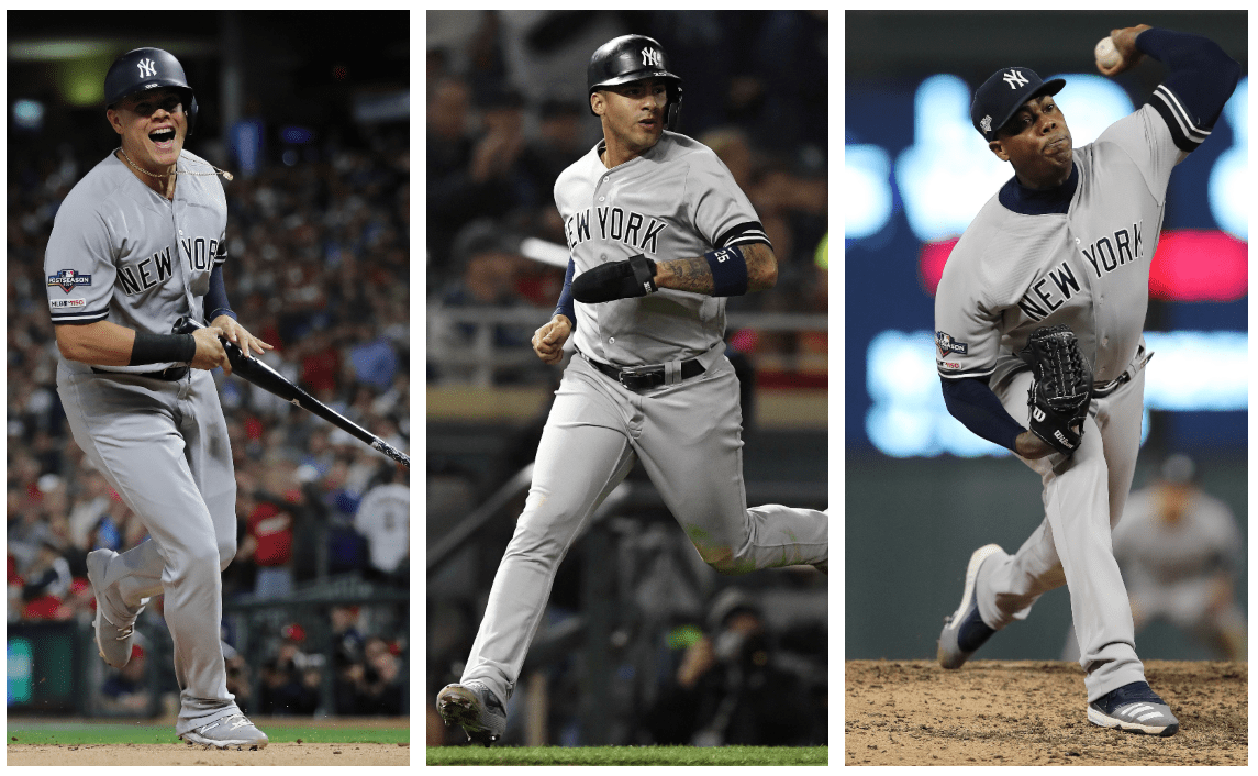 Giovanny Urshela, Gleyber Torres y Aroldis Chapman, son de los beisbolistas determinantes para los Yanquis: (Foto Prensa Libre: AFP y EFE)