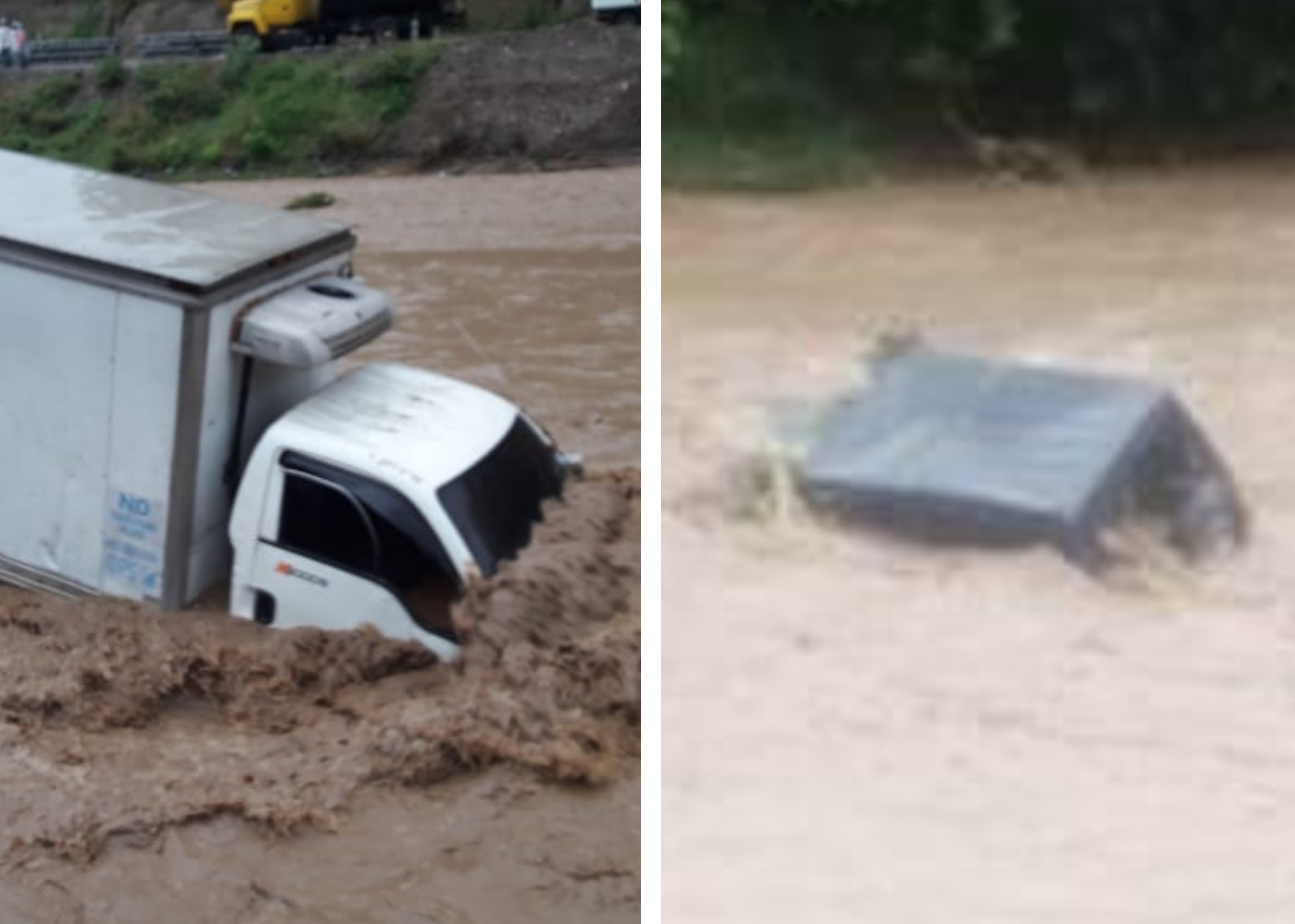 Dos vehículos que intentaban pasar el río quedaron a la deriva. (Foto Prensa Libre: Bomberos Voluntarios)