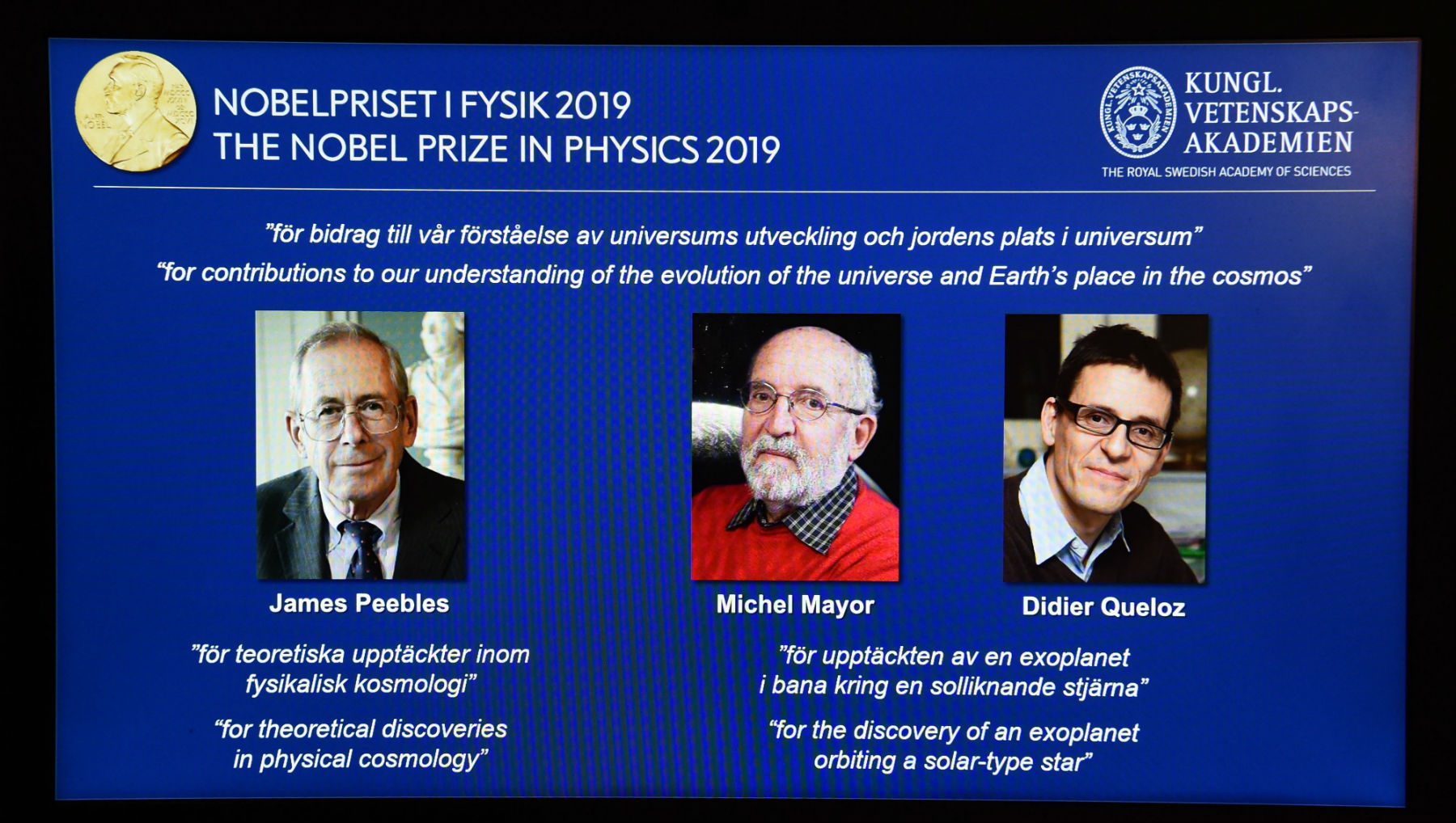 Tres investigadores, astrofísicos y astrónomos ganan el Premio Nobel de Física 2019. (Foto Prensa Libre: AFP)
