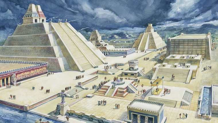 Hernán Cortés describió Tenochtitlan como una urbe palaciega. Esta ilustración, del año 1900 aprox., muestra la plaza central y el Templo Mayor en el siglo XVI. DEA PICTURE LIBRARY/DE AGOSTINI VIA GETTY IMAGES