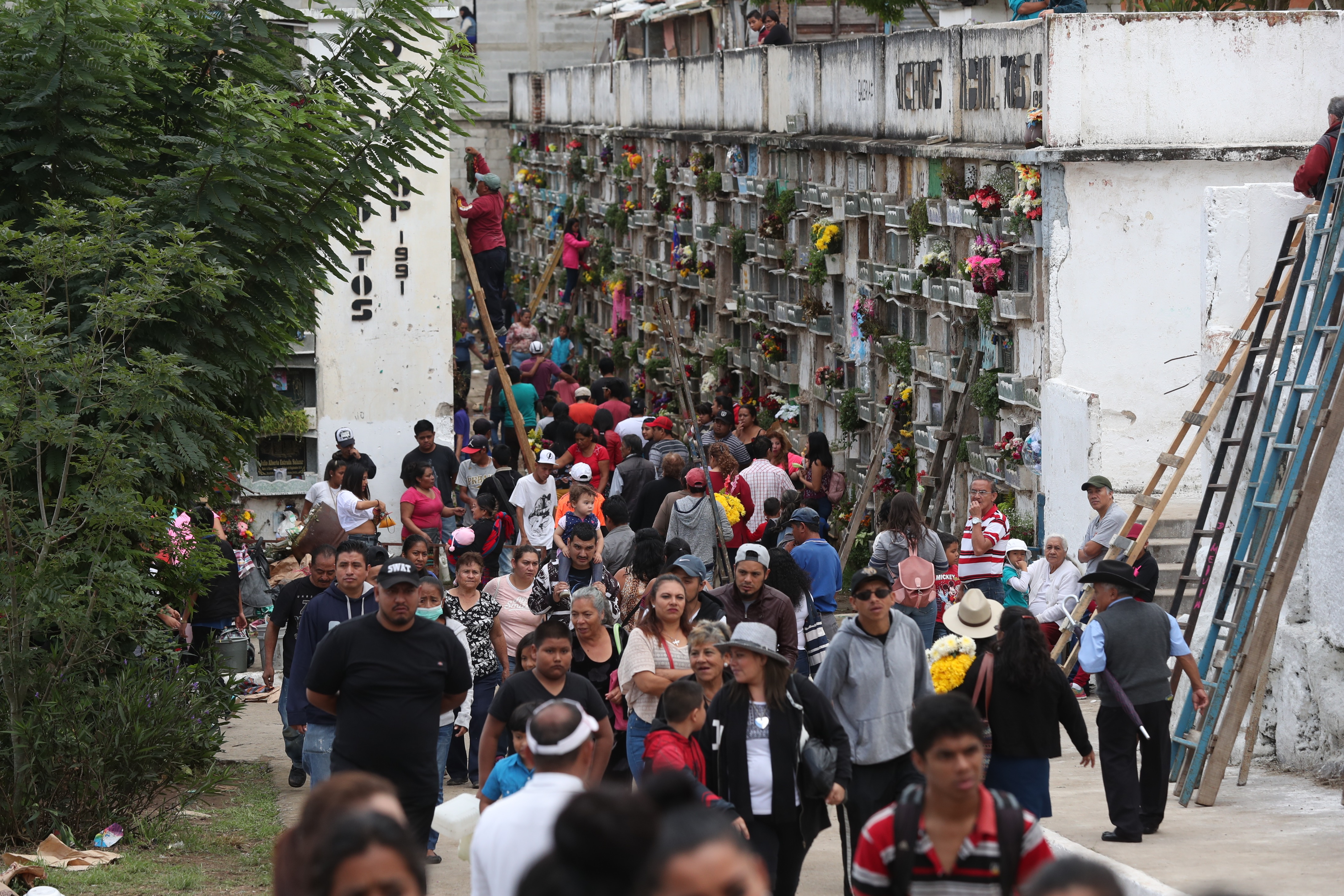 Diversas familias visitan los cementerios para poder compartir un momento íntimo junto a los difuntos en los nichos. Fotografía: Fernando Cabrera