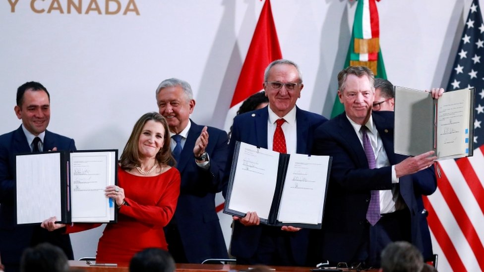 Los representantes de Canadá, México y Estados Unidos valoraron positivamente la firma del T-MEC. (Foto Prensa Libre: Reuters)
