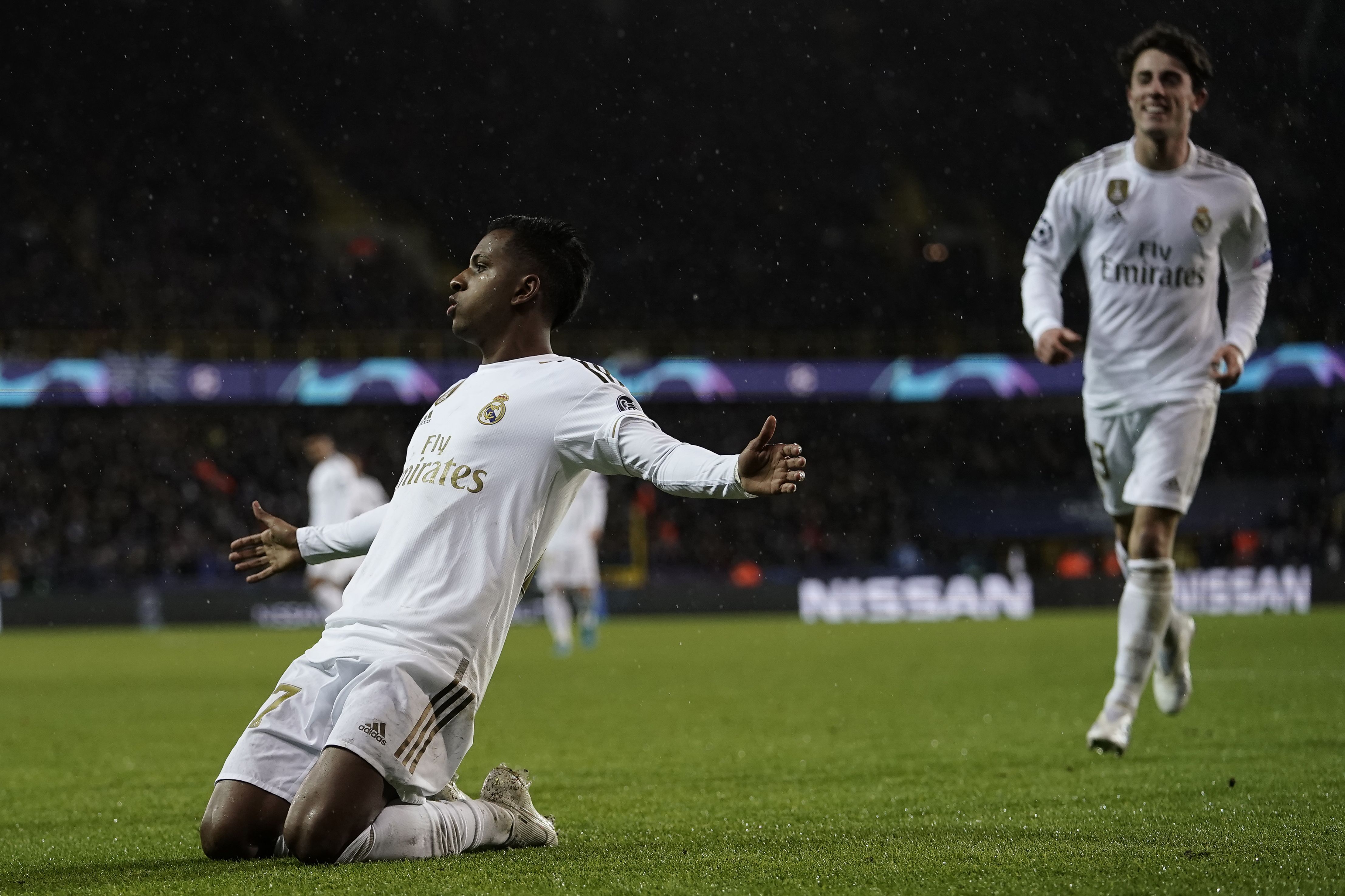 Rodrygo celebra el primer gol del Real Madrid frente a Brujas. (Foto Prensa Libre: AFP)