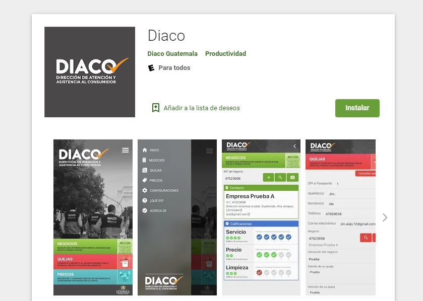 La aplicación ya está disponible para Android y se puede buscar como Diaco, mientras que para la plataforma IOS se espera que esté lista en las dos próximas semanas. (Foto Prensa Libre: captura Play Store)