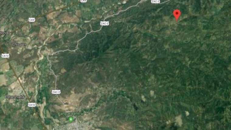 El punto rojo muestra la aldea Guacal Majada, Zacapa. 
