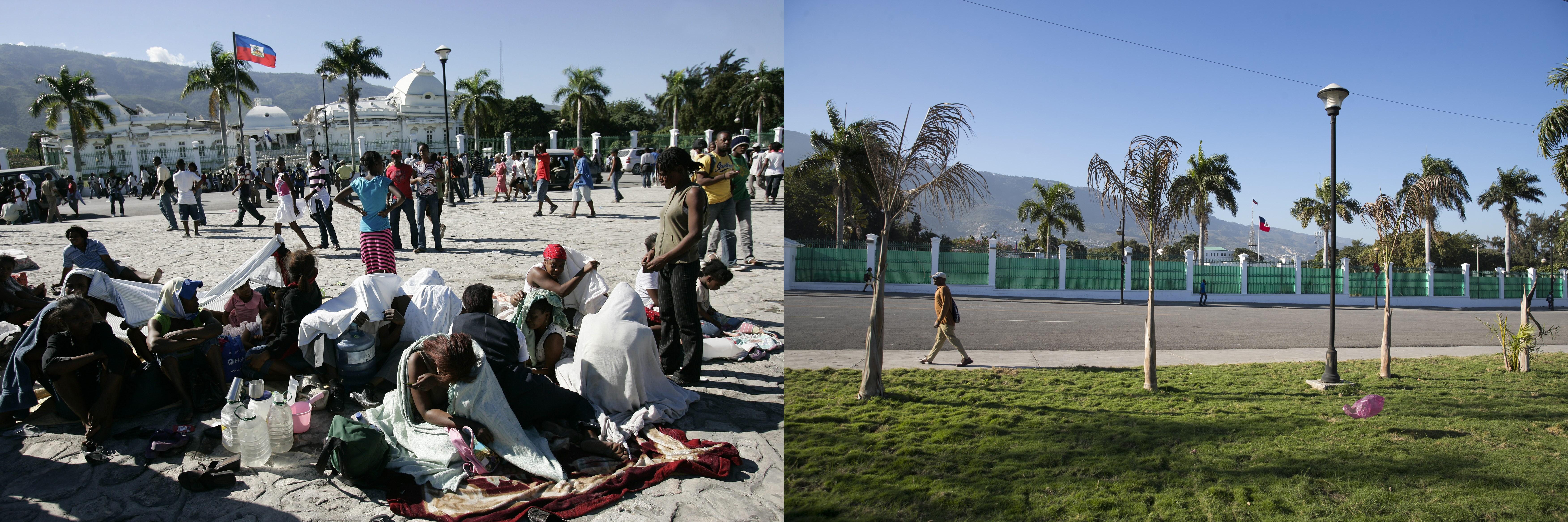 En la imagen, personas que buscan refugio el 13 de enero de 2010 en una plaza frente al Palacio Presidencial, diez años después, en el mismo lugar, las cosas no han cambiado mucho en Puerto Príncipe, Haití. (Foto Prensa Libre: EFE)