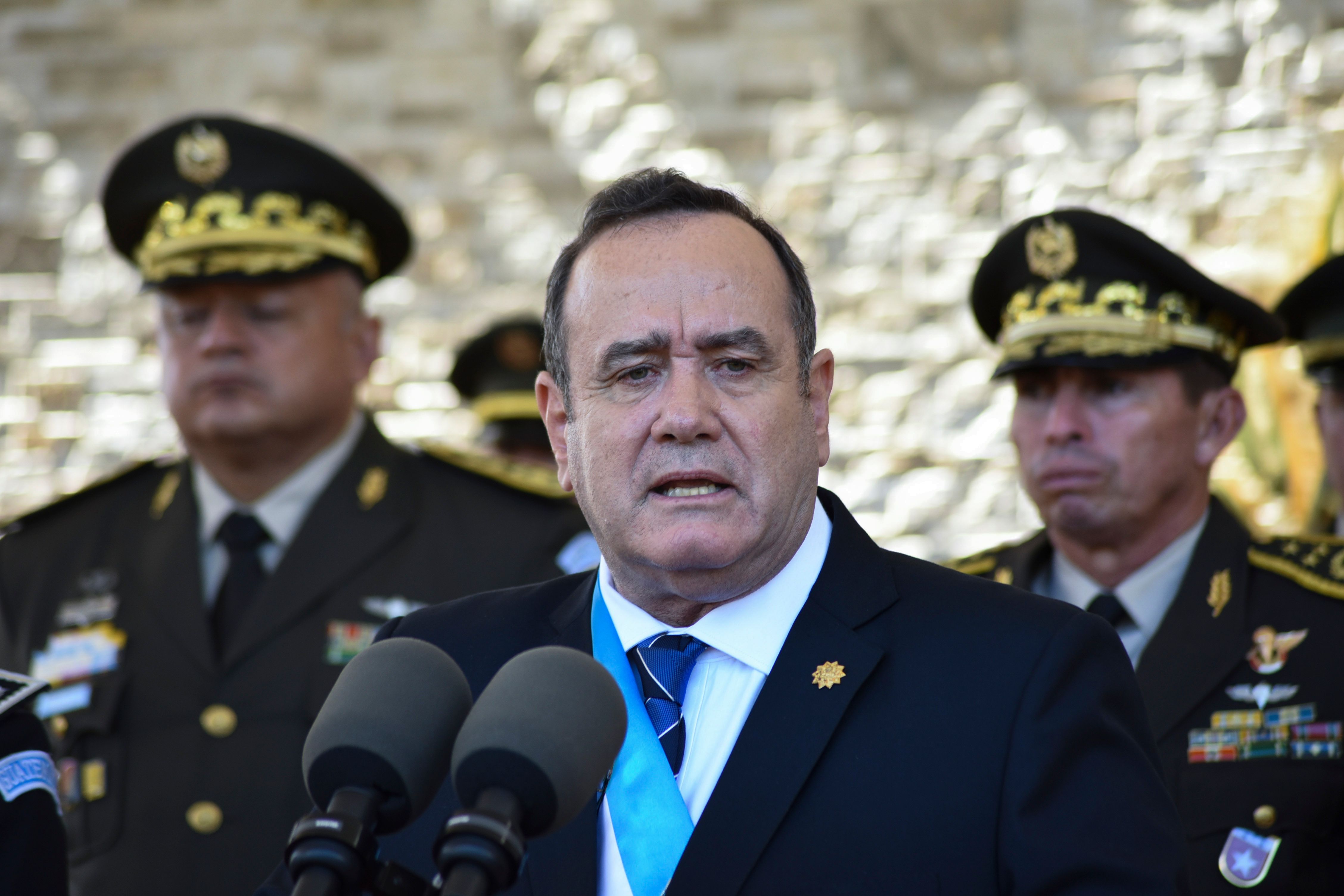 Guatemalan President and Army Commander in Chief Alejandro Giammattei speaks during a military ceremony in Guatemala City, on January 15, 2020. (Photo by ORLANDO ESTRADA / AFP)
