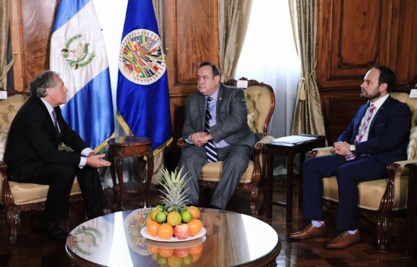 El presidente Alejandro Giammattei durante la reunión con Luis Almagro, secretario general de la OEA, acompañados por el canciller Pedro Brolo. (Foto Prensa Libre: Presidencia de Guatemala).