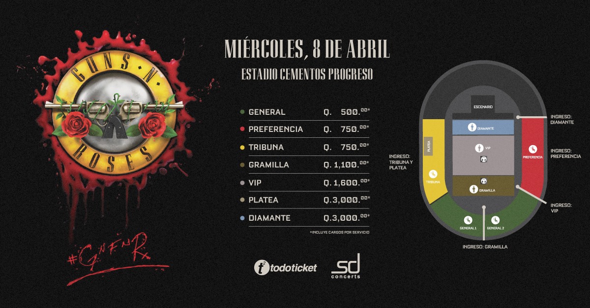 Guns N’ Roses: estos son los precios de los boletos para el concierto en Guatemala. Mapa_guns