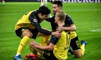 Dortmund (Germany), 18/02/2020.- Dortmund's Erling Haaland (C) celebrates with his teammates after scoring the 1-0 lead during the UEFA Champions League round of 16 first leg soccer match between Borussia Dortmund and Paris Saint-Germain in Dortmund, Germany, 18 February 2020. (Liga de Campeones, Alemania, Rusia) EFE/EPA/SASCHA STEINBACH