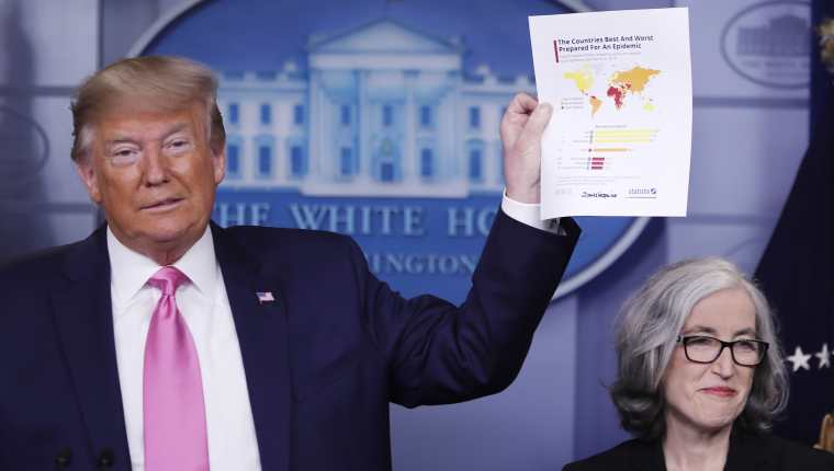 El presidente Donald Trump muestra el mapa de los países mejor preparados para enfrentar el coronavirus. (Foto Prensa Libre: EFE).