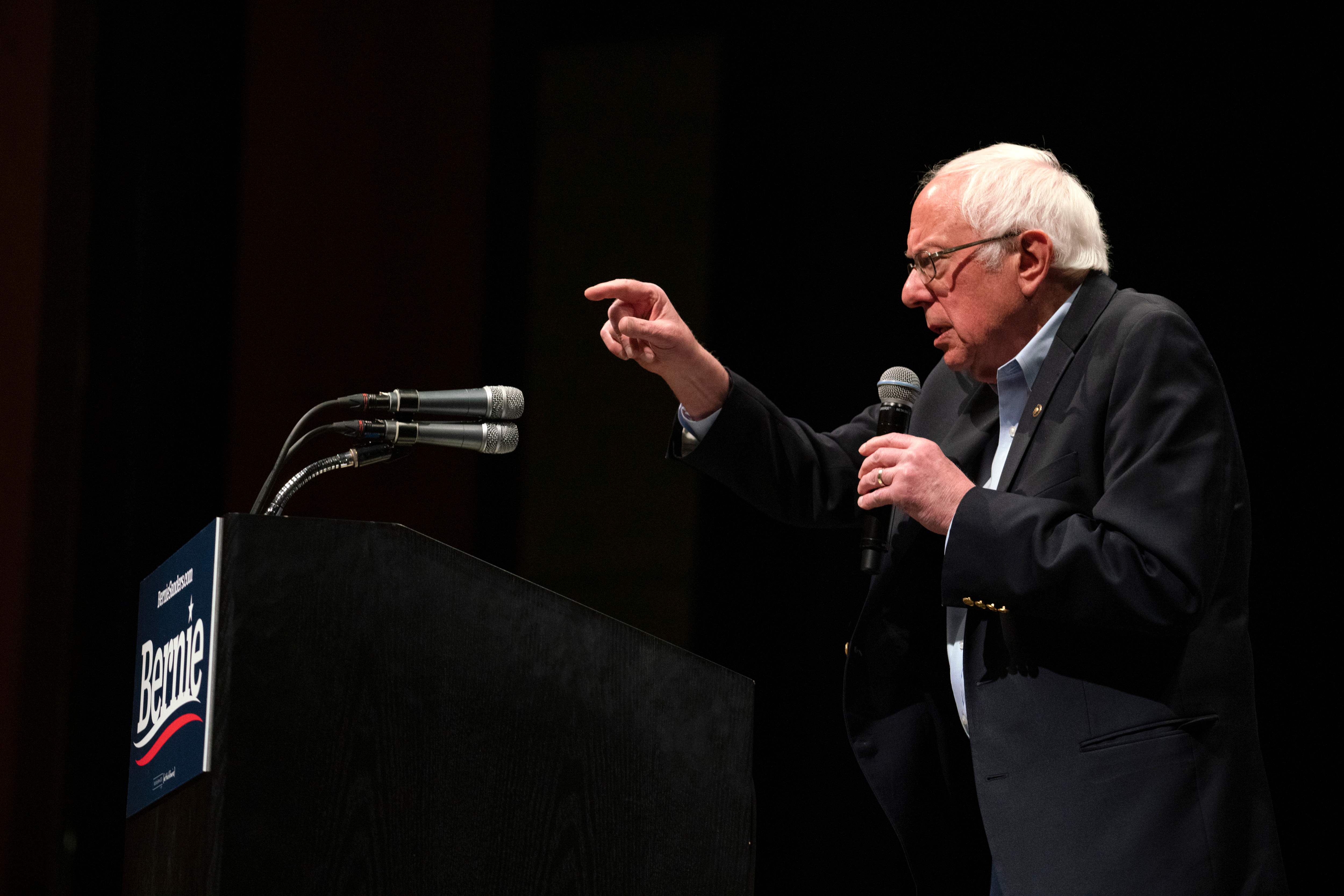 Democratic presidential hopeful Vermont Senator Bernie Sanders gesures as he speaks during a rally at the Abraham Chavez Theater on February 22, 2020 in El Paso, Texas. - Leftist Bernie Sanders took an early lead on February 22 in Nevada's caucuses, the third nominating contest for Democrats in their high-stakes process to see who will challenge Republican Donald Trump in November's presidential election. (Photo by Paul Ratje / AFP)