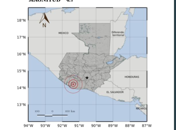 Mapa muestra el epicentro del sismo de las 7.2 horas de este lunes 3 de febrero. (Foto Prensa Libre: Conred). 