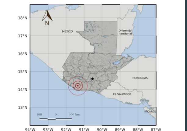 Mapa muestra el epicentro del sismo de las 7.2 horas de este lunes 3 de febrero. (Foto Prensa Libre: Conred). 