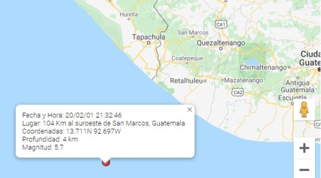 El epicentro del sismo fue a 104 kilómetros al Suroeste de San Marcos, frente a las costas del Pacífico. (Foto Prensa Libre: Cortesía)