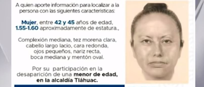 Reproducción de un cartel difundido que muestra el retrato robot de la mujer que se llevó del colegio a Fátima. (Foto Prensa Libre: Imagen tomada del Milenio). 