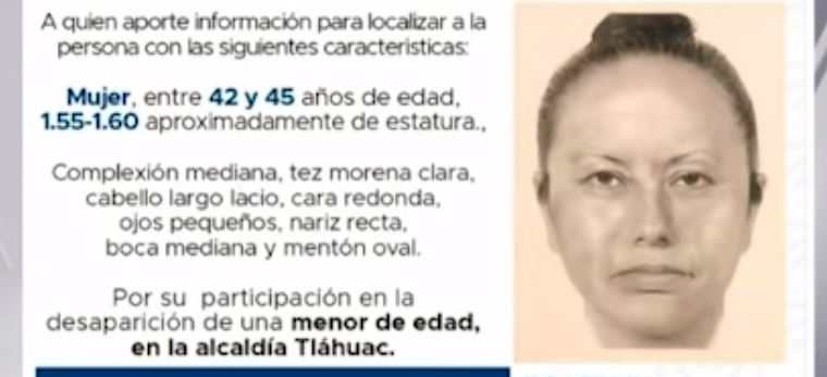 Reproducción de un cartel difundido que muestra el retrato robot de la mujer que se llevó del colegio a Fátima. (Foto Prensa Libre: Imagen tomada del Milenio). 