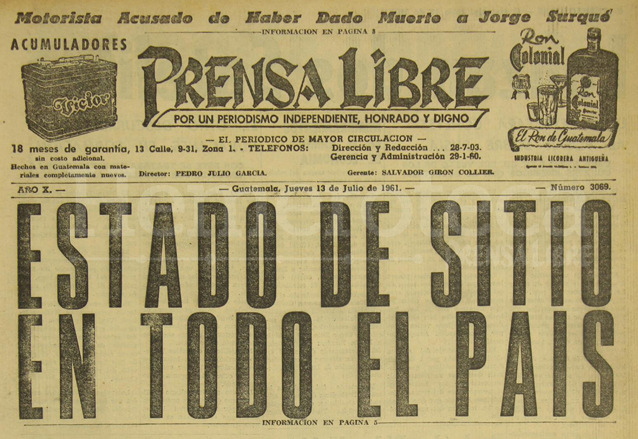 Portada de Prensa Libre del 13 de julio de 1961 decretado por el gobierno de Miguel Ydígoras Fuentes. (Foto: Hemeroteca PL)