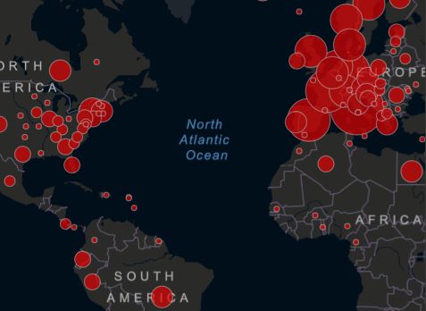 Mapa de casos de covid-19 registrados en el mundo. (Foto Prensa Libre: Universidad Johns Hopkins, EE. UU.).