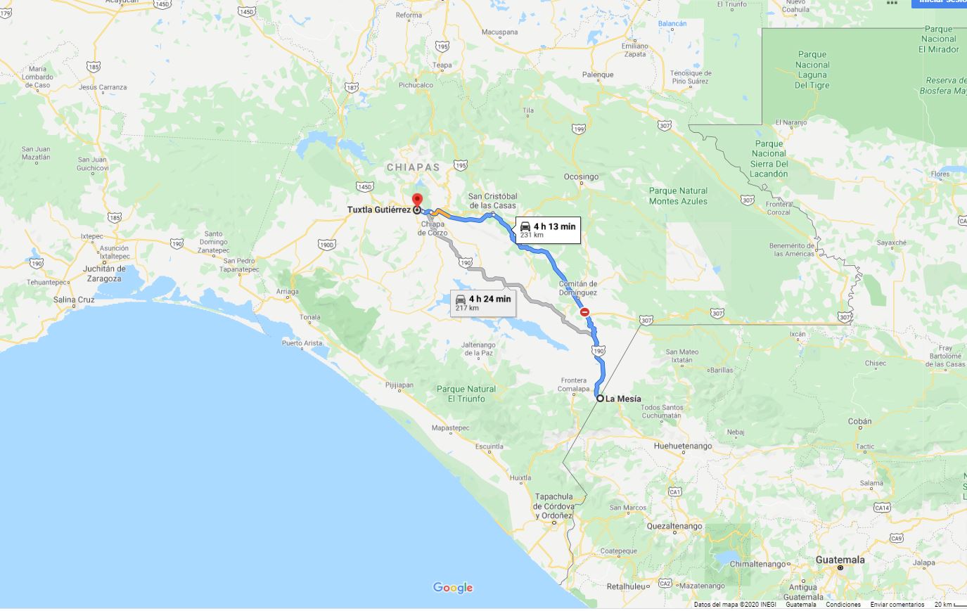 Tuxtla Gutiérrez se encuentra a 231 km de Mesía, frontera con Guatemala en Huehuetenango. (Imagen: Google Maps)