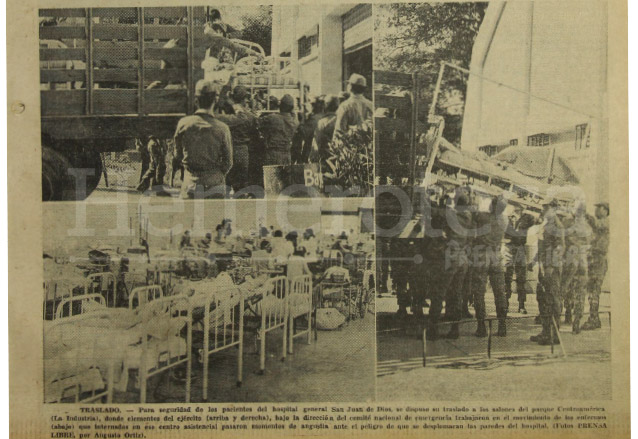Imágenes de la portada de Prensa Libre del 9 de febrero de 1976 informando sobre el traslado de pacientes del Hospital General al Parque de la Industria, tras la emergencia del terremoto. (Foto: Hemeroteca PL)