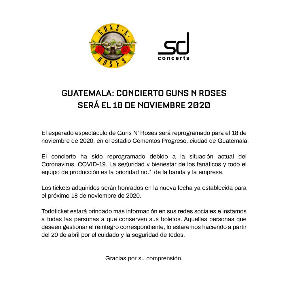 Guns N’ Roses en Guatemala: se cancela concierto por coronavirus y se programa nueva fecha. Guns_gt