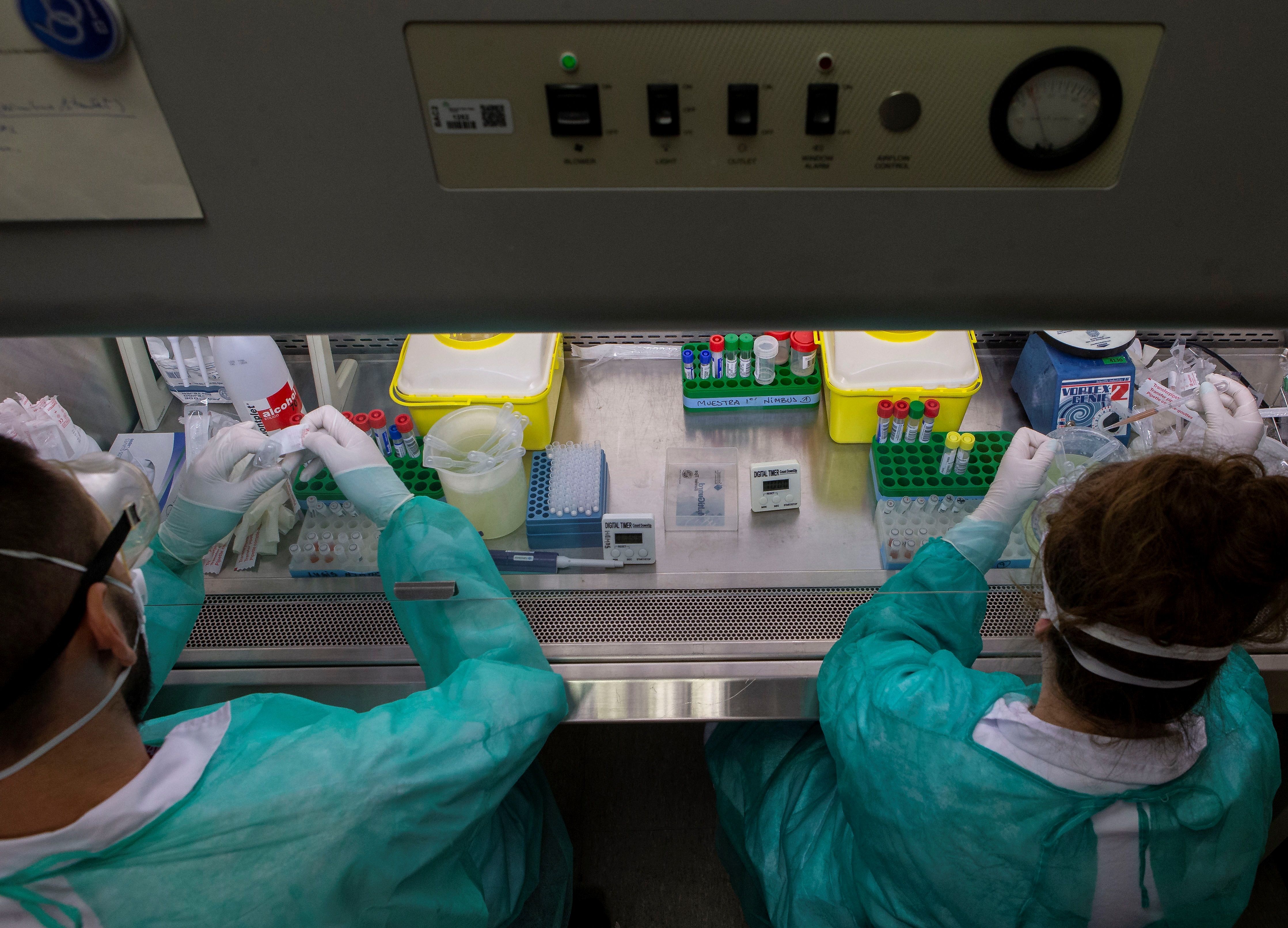 Personal sanitario trabaja con muestras positivas de covid-19 en el laboratorio del hospital Germans Trias i Pujol de Badalona, Barcelona. (Foto Prensa Libre: EFE)