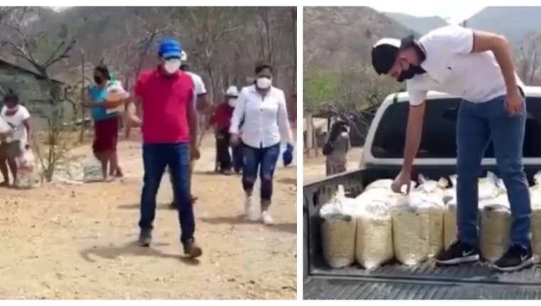 Amarini Villatoro y su esposa Alejandra Valdés entregaron víveres en Chiquimula. (Foto Prensa Libre: Facebook)