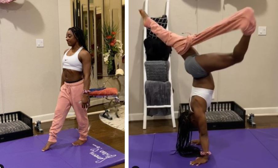 La gimnasta estadounidense Simone Biles cumple con un 'challenge' viral. (Foto Prensa Libre: Instagram)