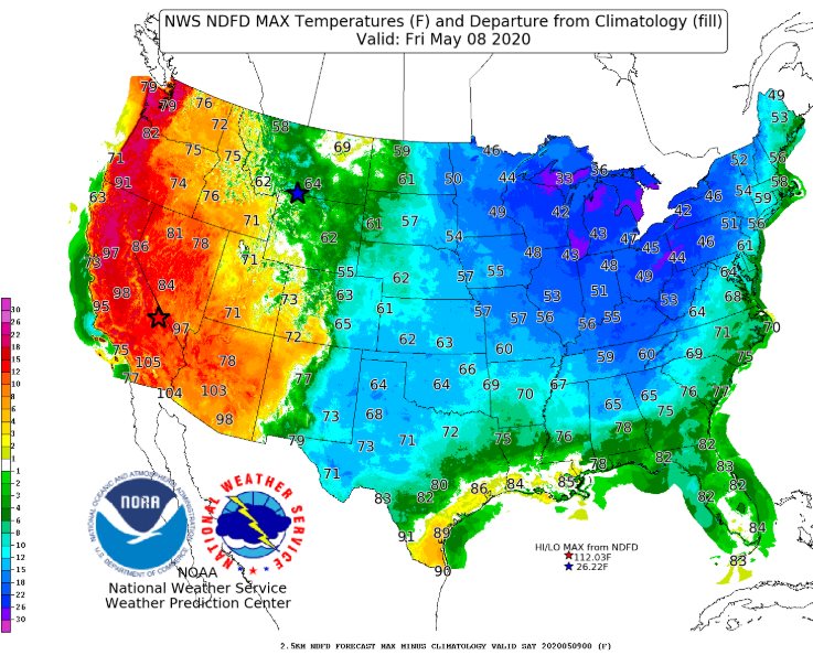 Mientras que una gran parte de EE.UU. tendrá tiempo muy frío (azul) otra llegará a calores extremos (rojo). (Foto Prensa Libre: NWS)