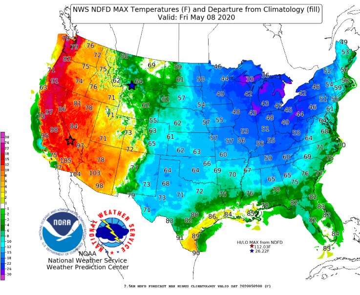 Mientras que una gran parte de EE.UU. tendrá tiempo muy frío (azul) otra llegará a calores extremos (rojo). NWS