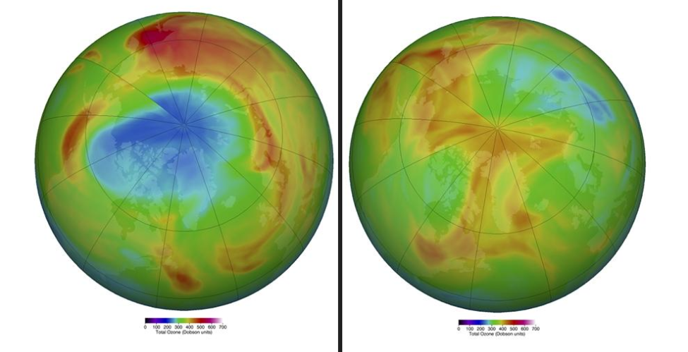 (Foto comparativa del agujero en la capa de ozono de principios de año a abril. (Foto: Nasa/La Vanguardia)