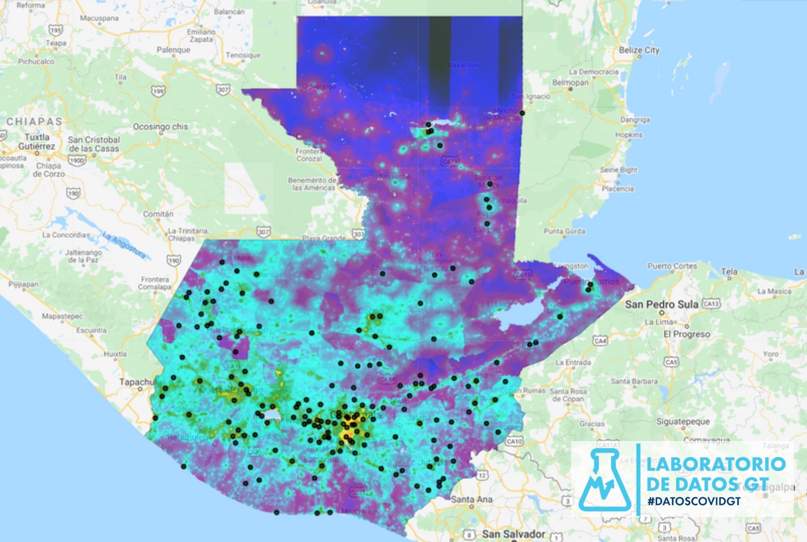 Mapa territorial con casos de coronavirus en Guatemala. (Foto Prensa Libre: Lab Datos GT).