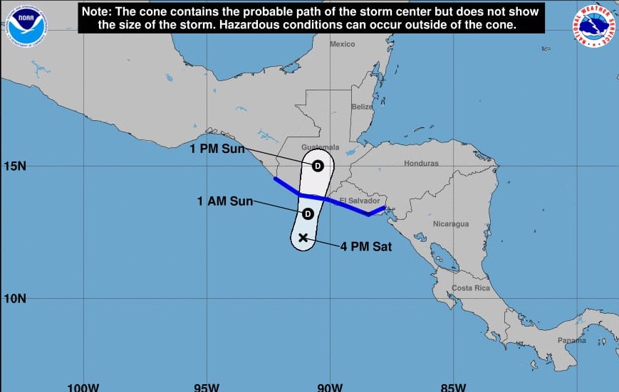 Mapa satelital muestra la posible trayectoria de la depresión tropical 2-E. (Foto Prensa Libre: Centro Nacional de Huracanes de Estados Unidos).
