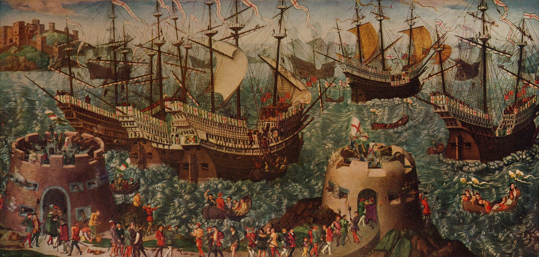 El embarque en Dover. Enrique VIII y su flota zarparon de Dover a Calais el 31 de mayo de 1520 en camino para encontrarse con Francisco I en el Campo del paño de oro. Pintura de html5-dom-document-internal-entity1-quot-endAventuras por el mar del arte de los viejos tiemposhtml5-dom-document-internal-entity1-quot-end, por Basil Lubbock. Foto:Getty Images