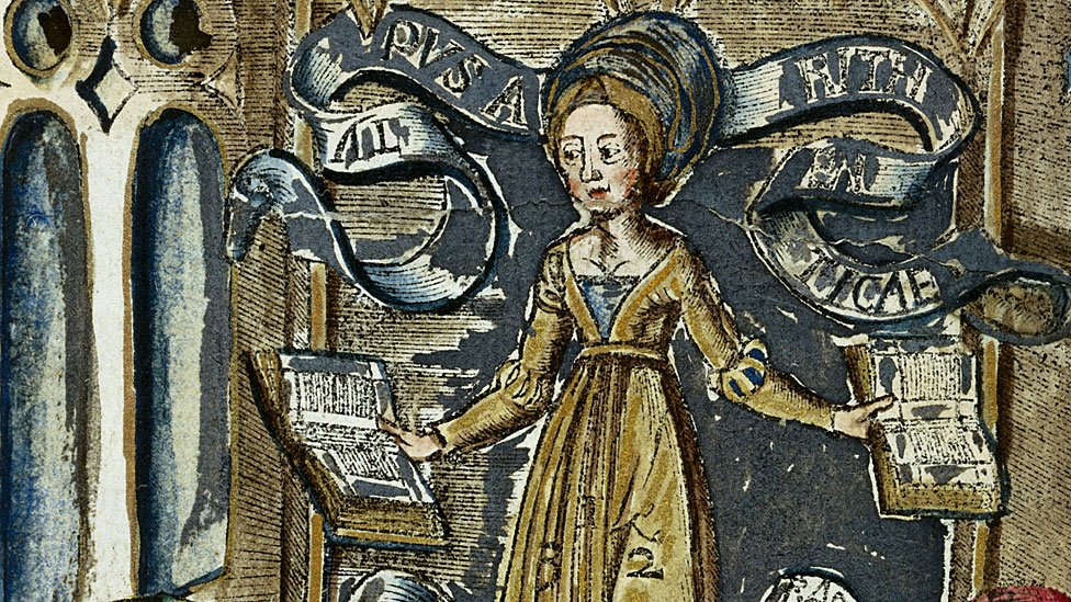 La dama de la Aritmética en una xilografía coloreada a mano de 'Margarita Philosophica' ('La perla filosófica'), de Gregor Reisch (1467? -1525).