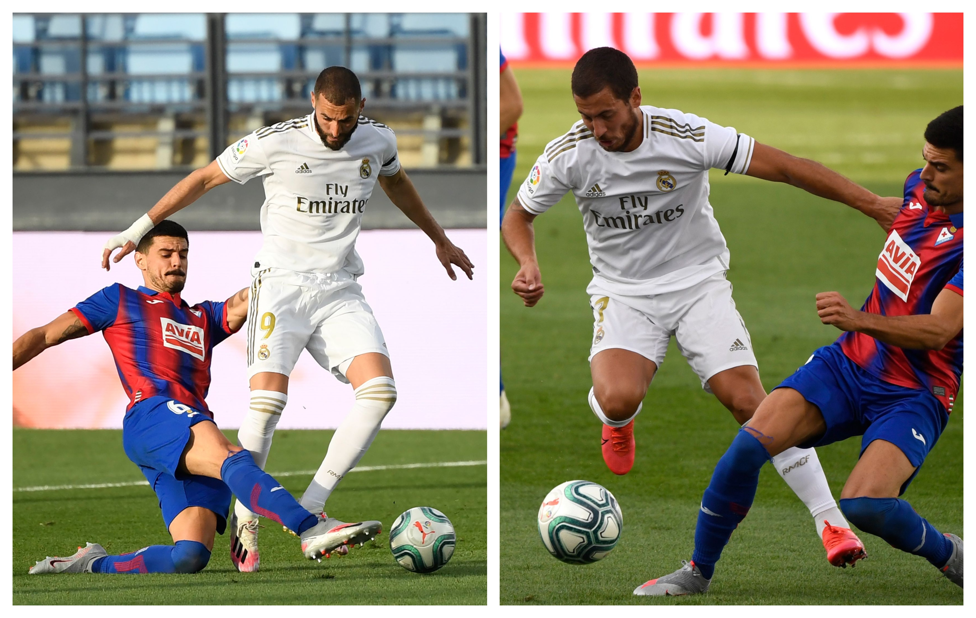 Eden Hazard y Karim Benzema fueron las figuras del Real Madrid contra el Éibar. (Foto Prensa Libre: AFP)